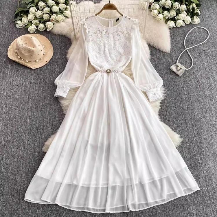 Elegant Women Long Dress Autumn Chiffon Patchwork Lace Hollow Out Lantern Sleeve O Neck Party Robe With Black Pearl Belt