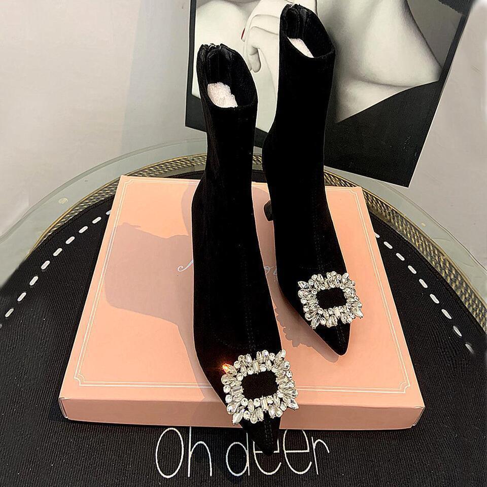 Women's shoes women's shoes temperament high heel elastic thin boots women's pointed black short boots rhinestone square buckle fashion boots women's