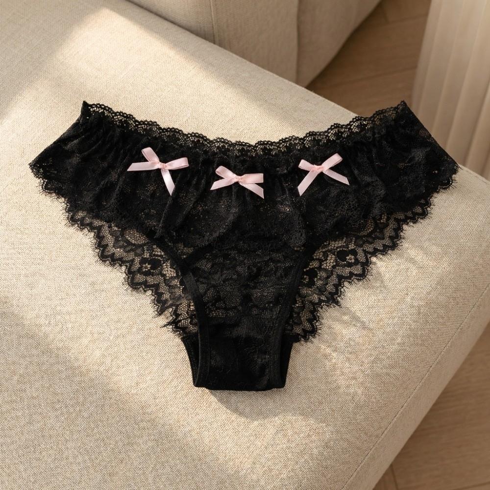 Japanese Style Thong for Women Low Waist Mini Bow Underpants Sweet Bowknot Lace Panties Female