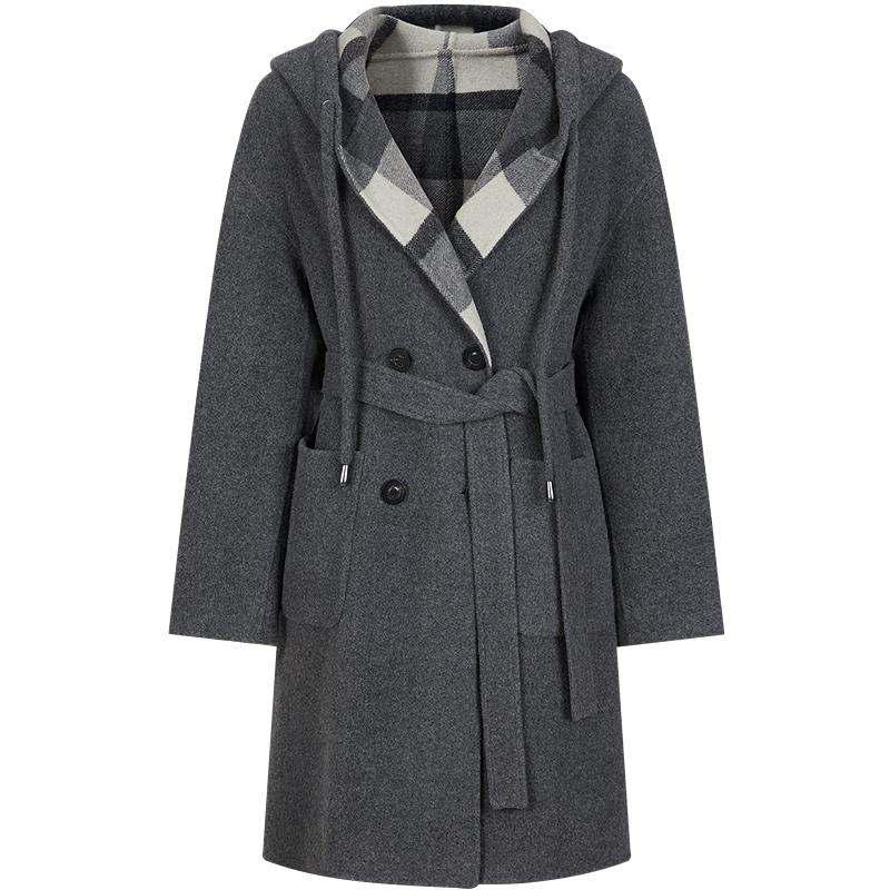 Jiu Zi Anna Kou Women's Preppy Hooded Contrast Plaid Double-faced Wool Coat