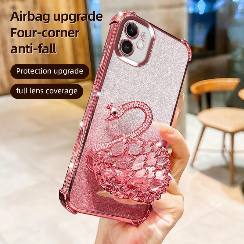 KEYSION Shockproof Plating Phone Case for iPhone 11 12 Pro Max Clear TPU Glitter Jewelled Swan kickstand Back Cover for iPhone 11