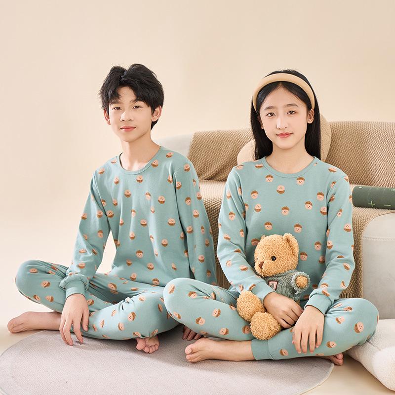 Kids' Autumn Cotton Flannel Pajama Set - Warm Long Johns and Base Layer for Boys and Girls