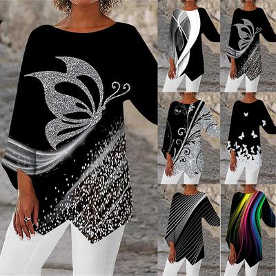 Camiseta holgada versátil de manga larga con estampado geométrico de primavera y verano y patchwork de cuello redondo