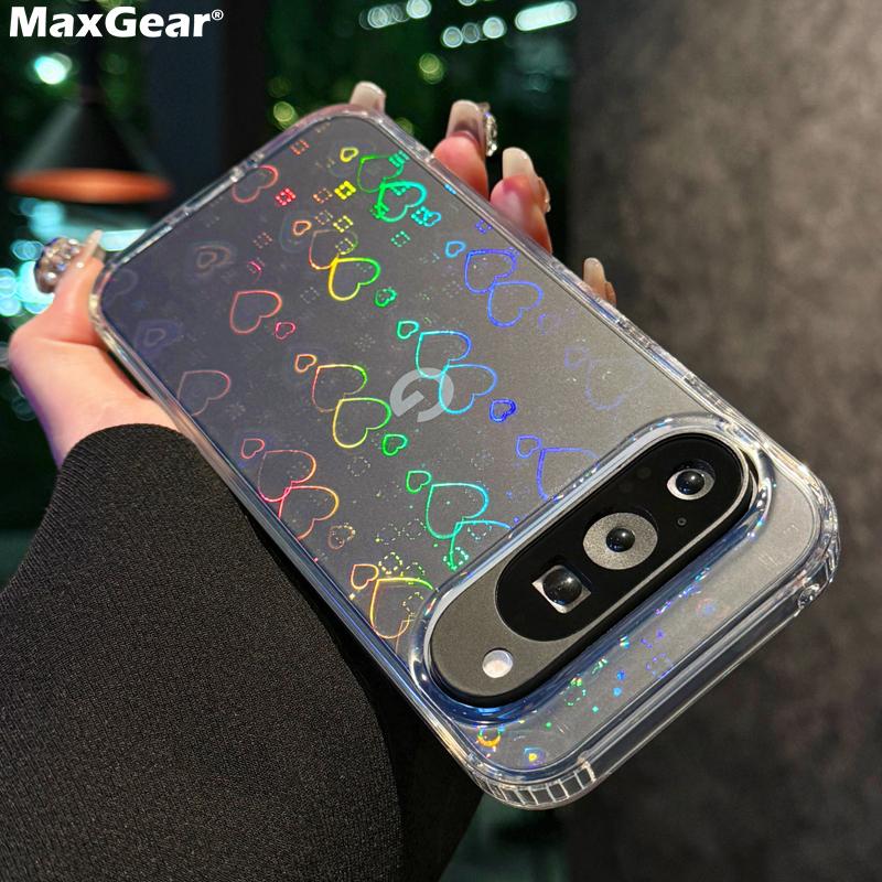 Luxury Laser Heart Transparent Acrylic Phone Case For Google Pixel 9 Pro XL 9A 8 8A Lovely Fashion Clear Shockproof Cover