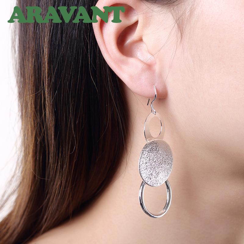 Sølv 925 Smykker Sandblåsing Rund Sirkel Lang Øredobb For Kvinner Bryllupssmykker