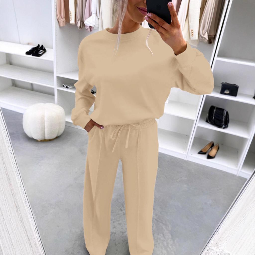 2026 Autumn/Winter European & American Style Casual Two-Piece Set: Drop Shoulder Long Sleeve Top & Ruched Long Pants