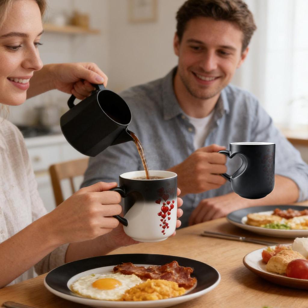 Color Change Mug Heart Shape Handle Milk Juice Cup Ceramic Heat Activated Mug for Women Men Kids Family Workplace Home Dorm
