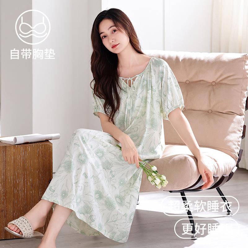 nightdress with chest pad women's summer pure cotton short-sleeved thin 1011 new summer pregnant women's advanced purple pajama skirt