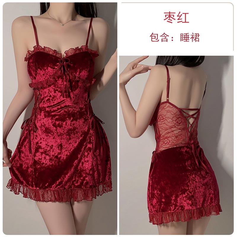 Women's Plus Size Velvet Thick Padded Backless Sleep Dress with Robe Lounge Set