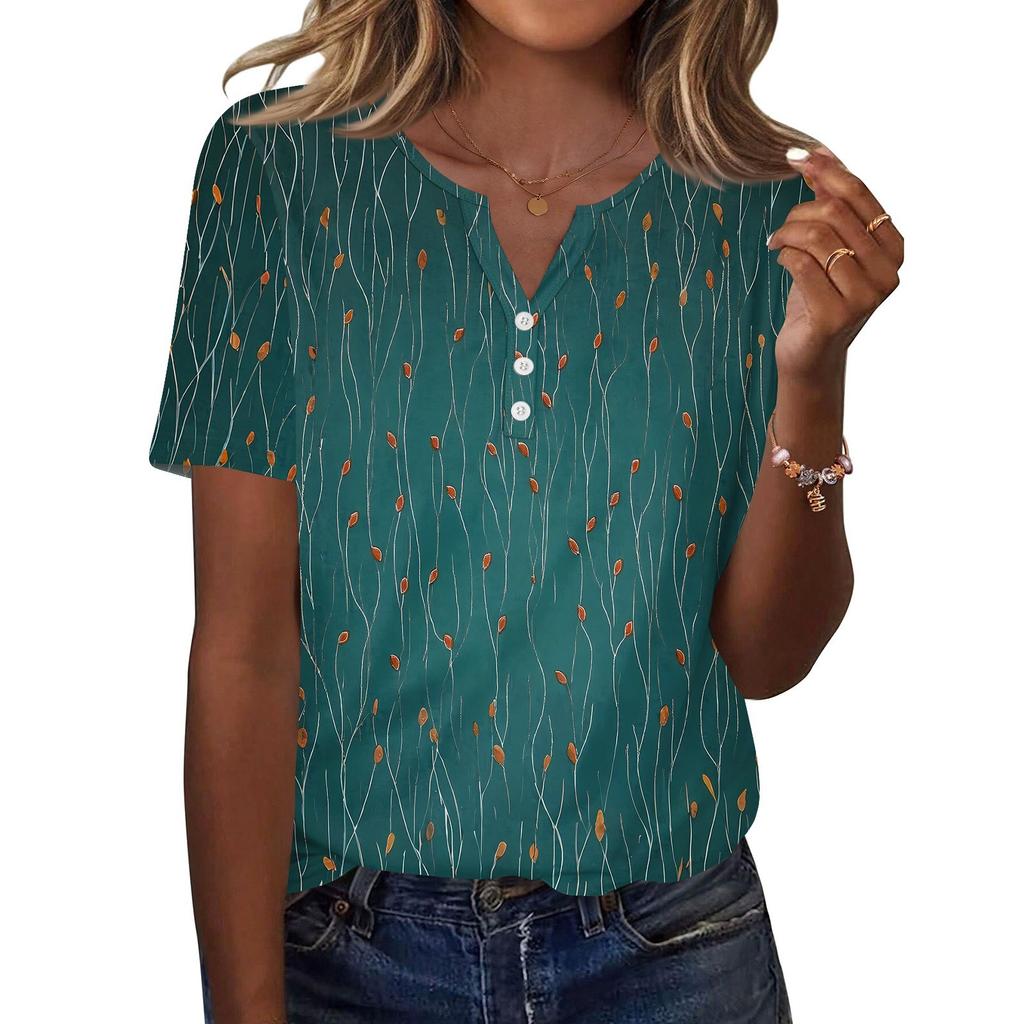 Damen T-Shirt mit Aufdruck und Knopfleiste, kurzärmelig, für den Alltag, Wochenendmode, Basic, V-Ausschnitt, normales Oberteil