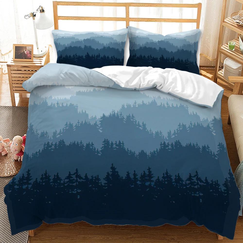 3D Mountain Forest Duvet Cover Set Snow Mountain Winter Theme King Queen Size Comforter Cover for Kid Teen Polyester Bedding Set