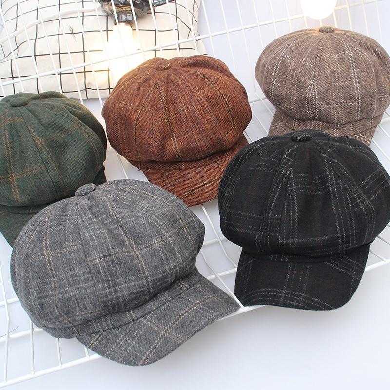 Ladies Fashion Retro Octagon Hat Women Autumn Winter Casual Wild Pumpkin Plaid Beret Cap
