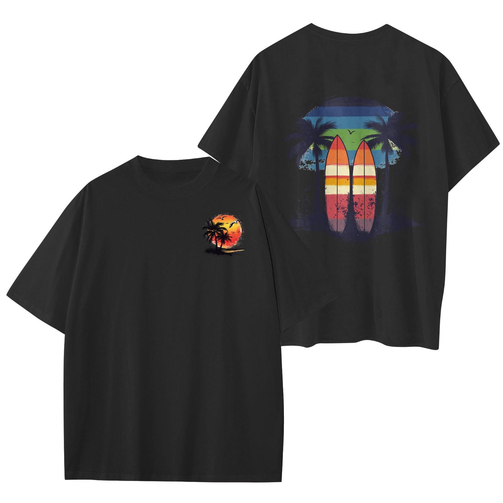 Женский круглый вырез модный свободный гавайский принт короткие рукава L чёрный 1376₽