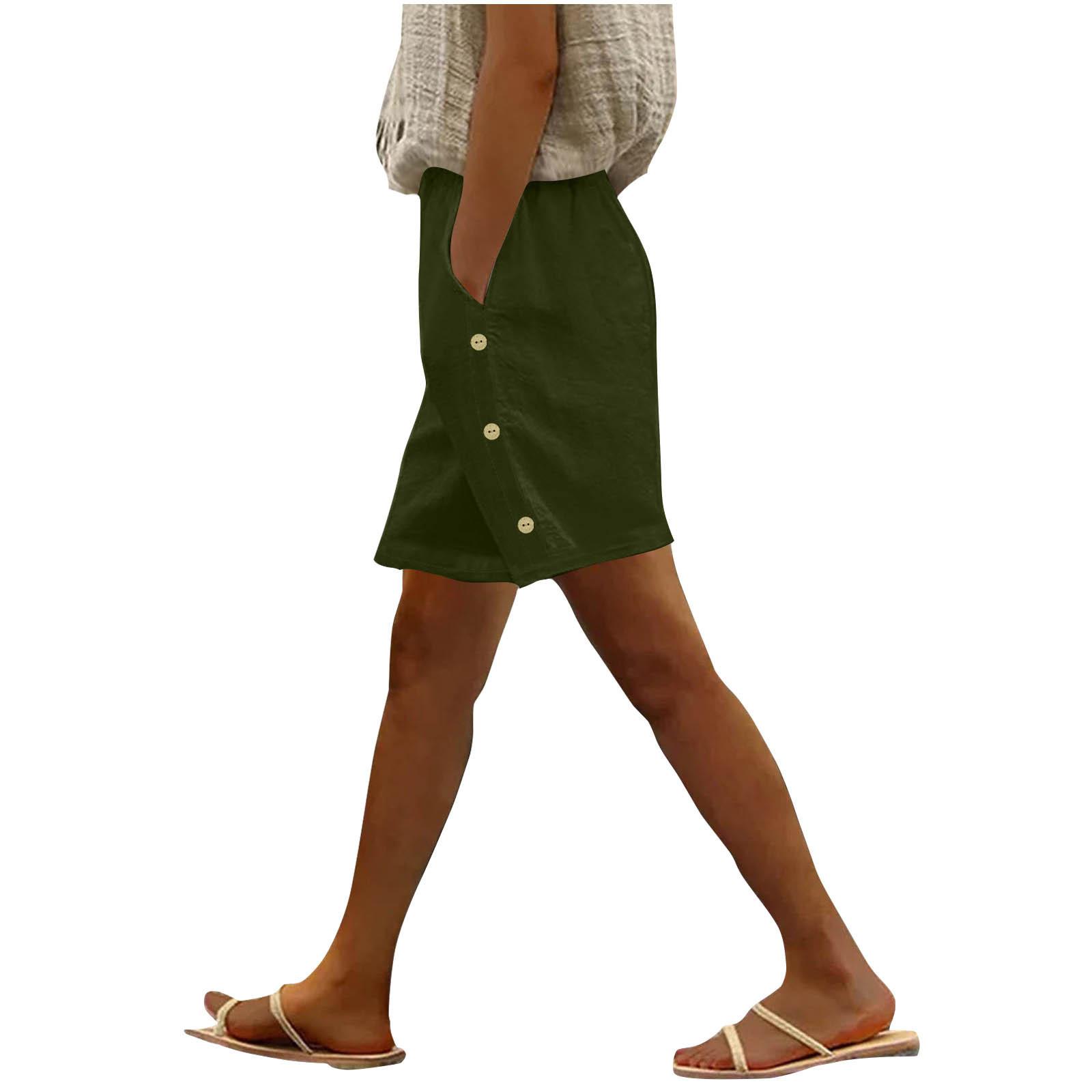 

Жіночі Модні Повсякденні Вільні Однотонні Шорти з Бавовни та Льону з Кишенями на Ґудзиках збоку, Середня Посадка L армія зелений колір