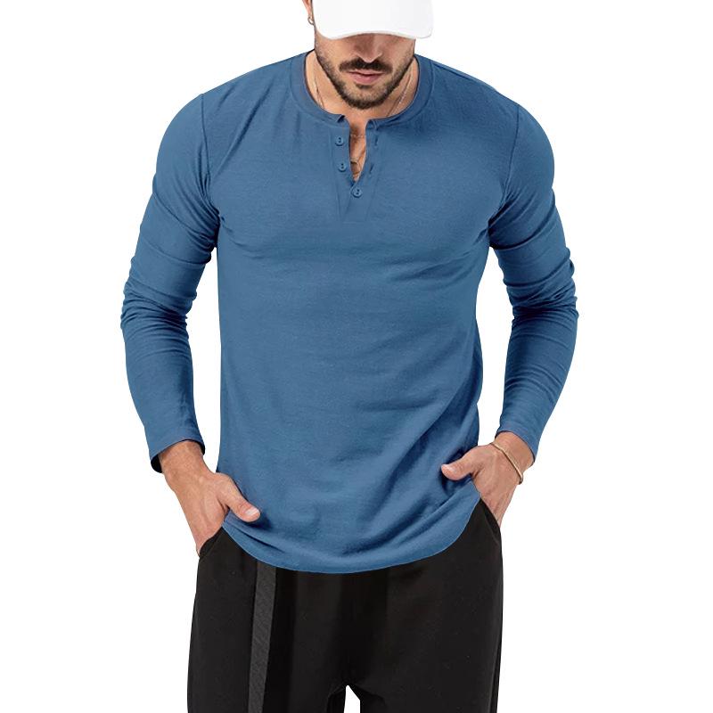 2026 European Men's Solid Color Round Neck Henley T-Shirt Long Sleeve Casual Sports Base Layer