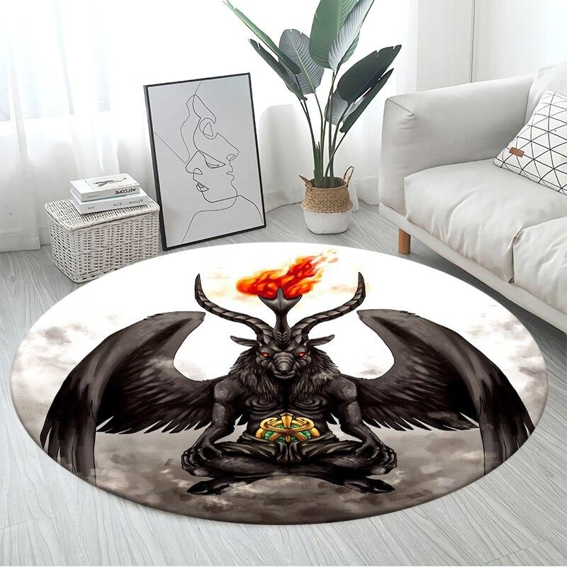 Skull Satanic Goat Pentagram Wing Demon Version Carpet Round Rugs Non-slip Area Rug for Living Room Bedroom Foot Pad Decoration