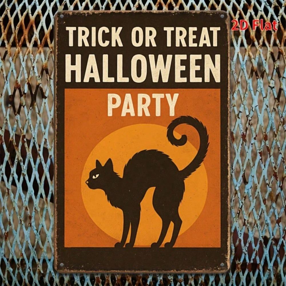 Vintage Halloween Metal Sign 8x12, Retro Black Cat Parade Wall Art, Iron Plaque for Bar, Restaurant & Party