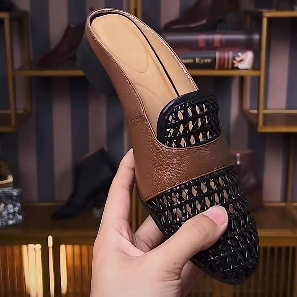 

Летние новые ретро стиль полые плетеные универсальные средний каблук сумка голова полуподдерживающий тип верхняя одежда крутые тапочки 40 чёрный