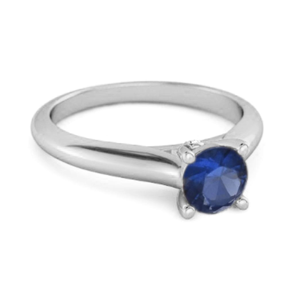 Blue Sapphire Round Solitaire Ring - 925  Sterling Silver