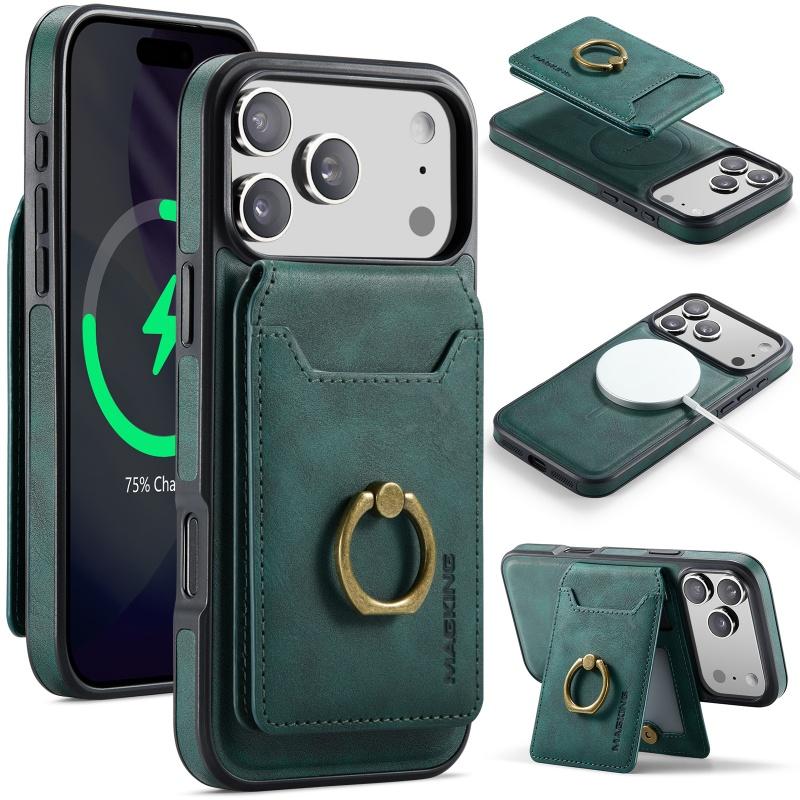 

2 In 1 Detachable Leather Phone Case For iPhone 17 16 Pro Max 15 14 Plus Air 16E 17E 13 12 Ring Card Wallet for MagsafeCover iPhone 12 Pro зелений