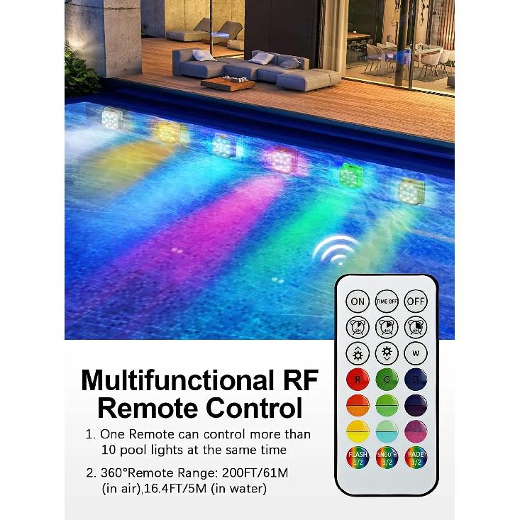 Underwater Lights LED Submersible Pool Lights Rechargeable 200FT Remote Control Swimming Pool Light with Timer Color Changing