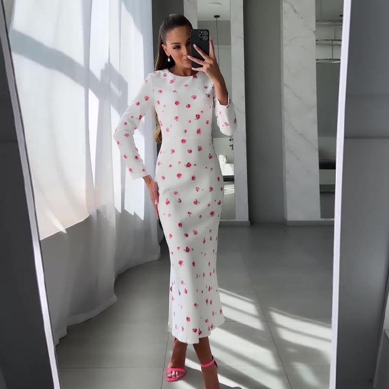 2024 Autumn Women's Round Neck Print Slim Long Sleeve Bodycon Dress.