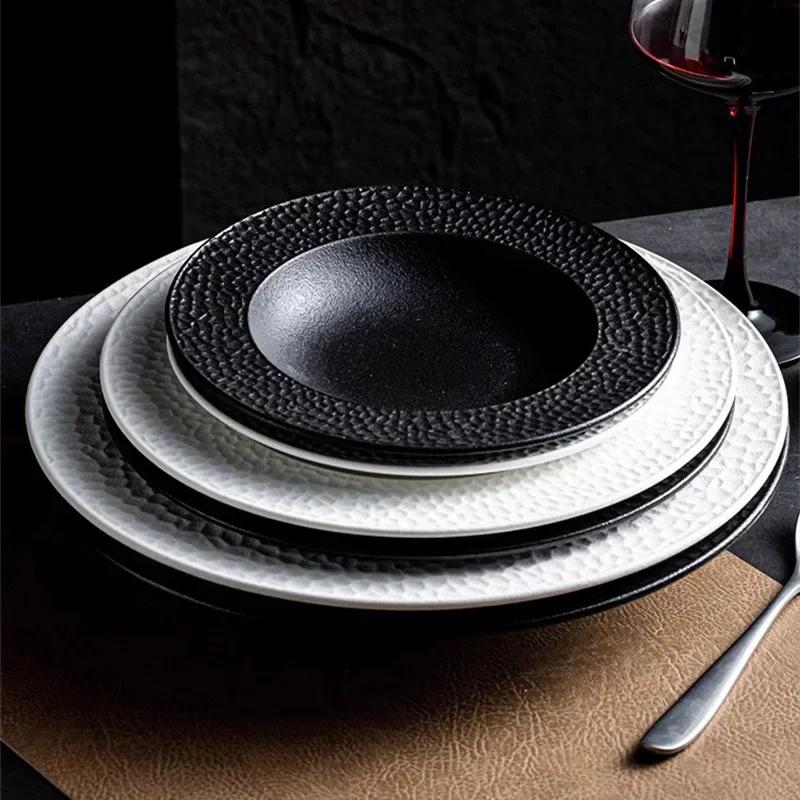 Frosted Ceramic Plate Salad Plate Pasta Dish Thick Soup Plate Serving Dish Hammer Pattern Straw Hat Plates Restaurant Tableware