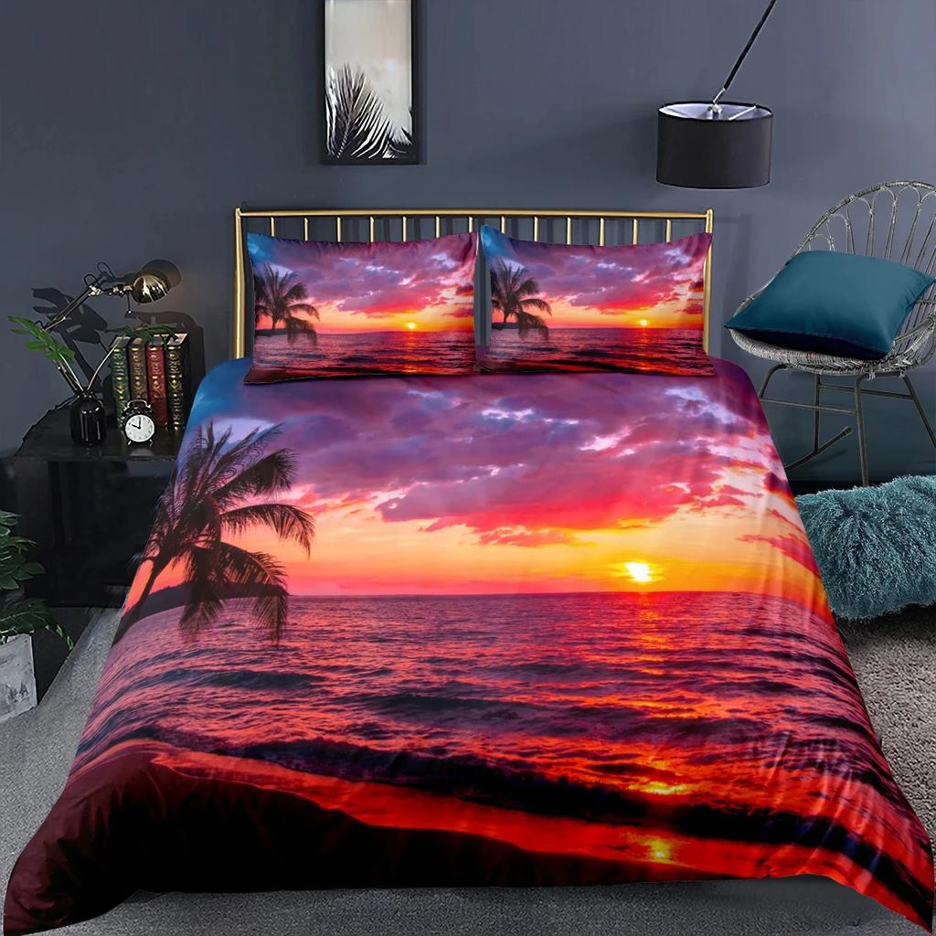 Beach Sea Sky Palm Coconut Tree Bedding Set King Queen Duvet Cover Sets Pillowcase Bed Linen Comforter Adult Kid Queen King Size