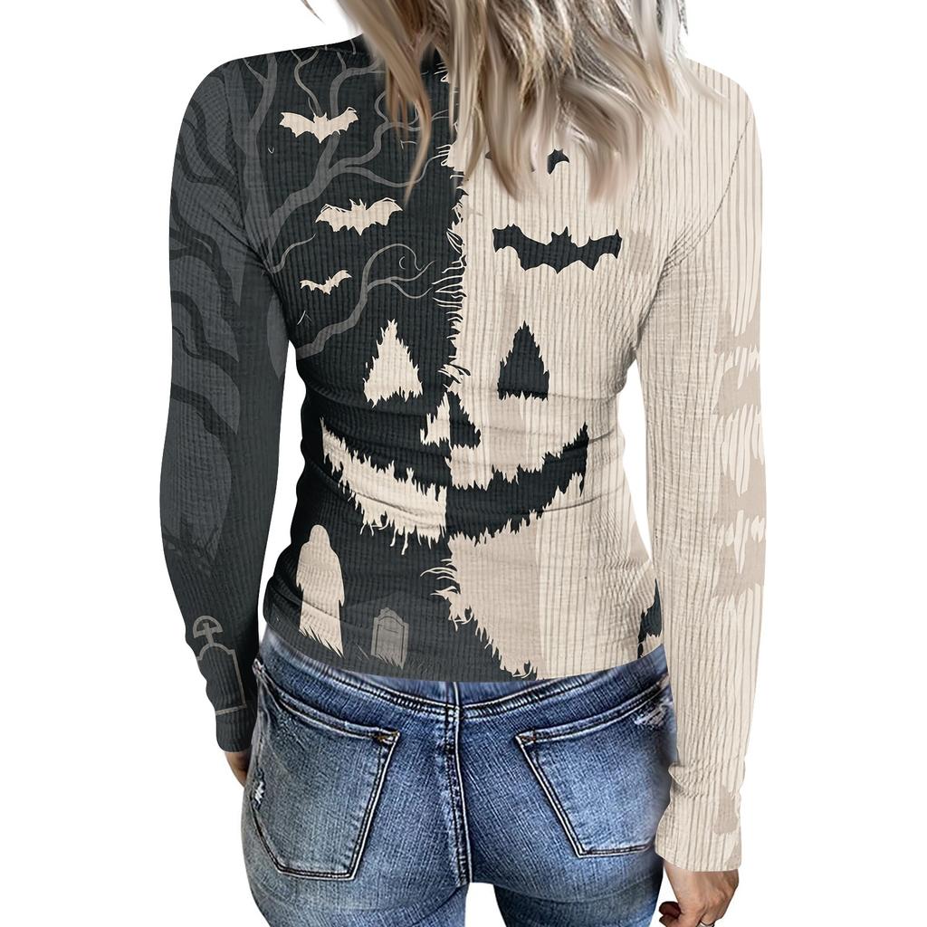 Women Halloween Print Long Sleeve Slim Fit Crew Neck Base Shirt Stretchy Ribbed Fabric Casual Top for Autumn and Winter