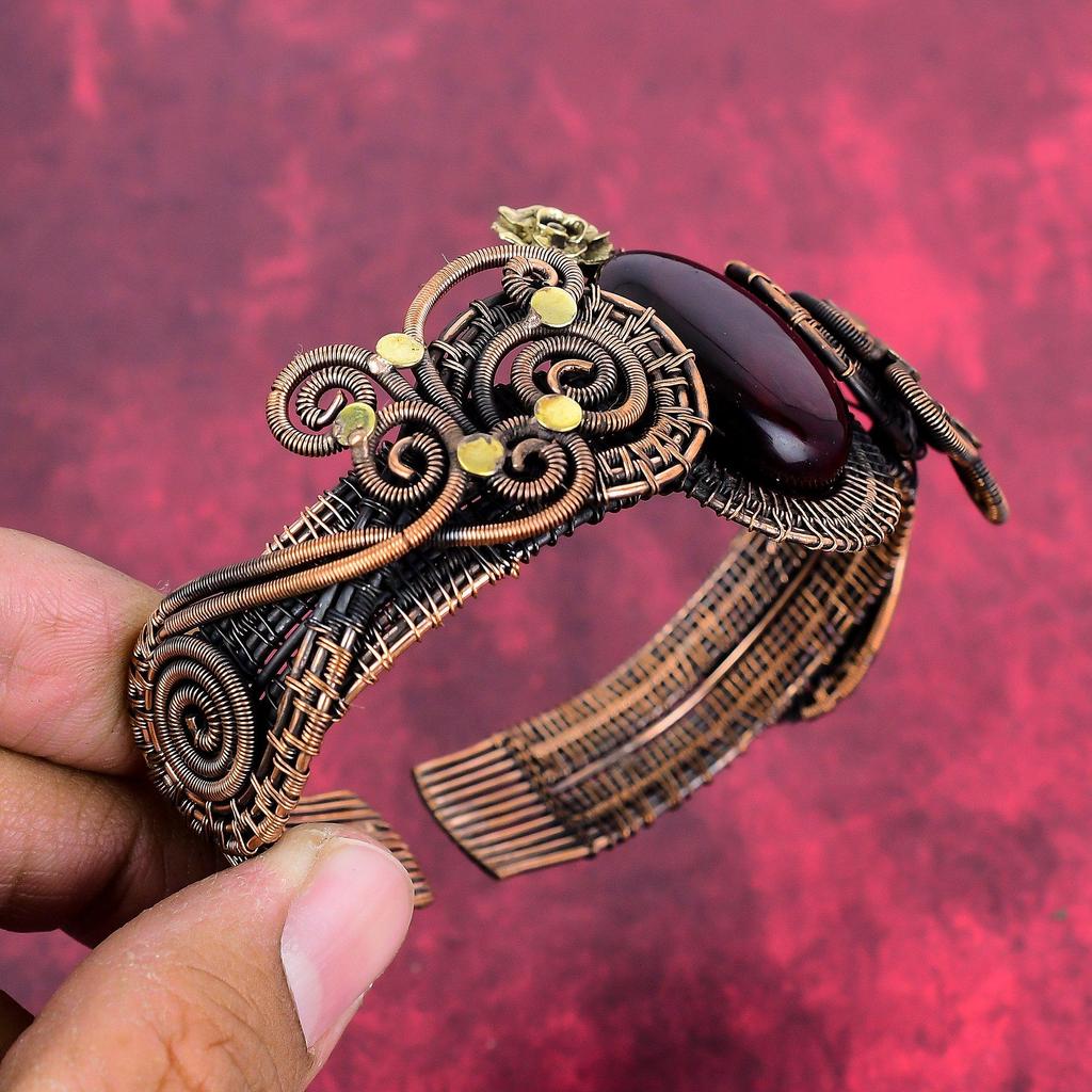 Red Fire Labradorite Cuff Bracelet Copper Wire Wrapped Bangle Adjustable Gemstone Cuff Bracelet Handmade Bangle Flower Jewelry Gifts for Mom