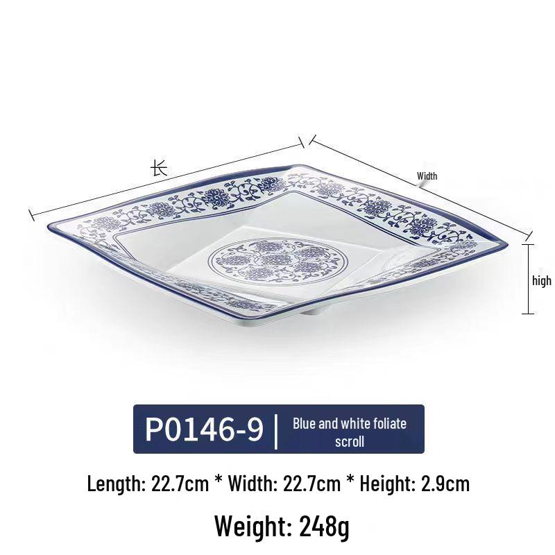 Melamine Blue & White Porcelain Square Plate for Hotels & Restaurants - Stir-Fry, Fast Food, Cold Dishes, Rice Bowl, Commercial Use.