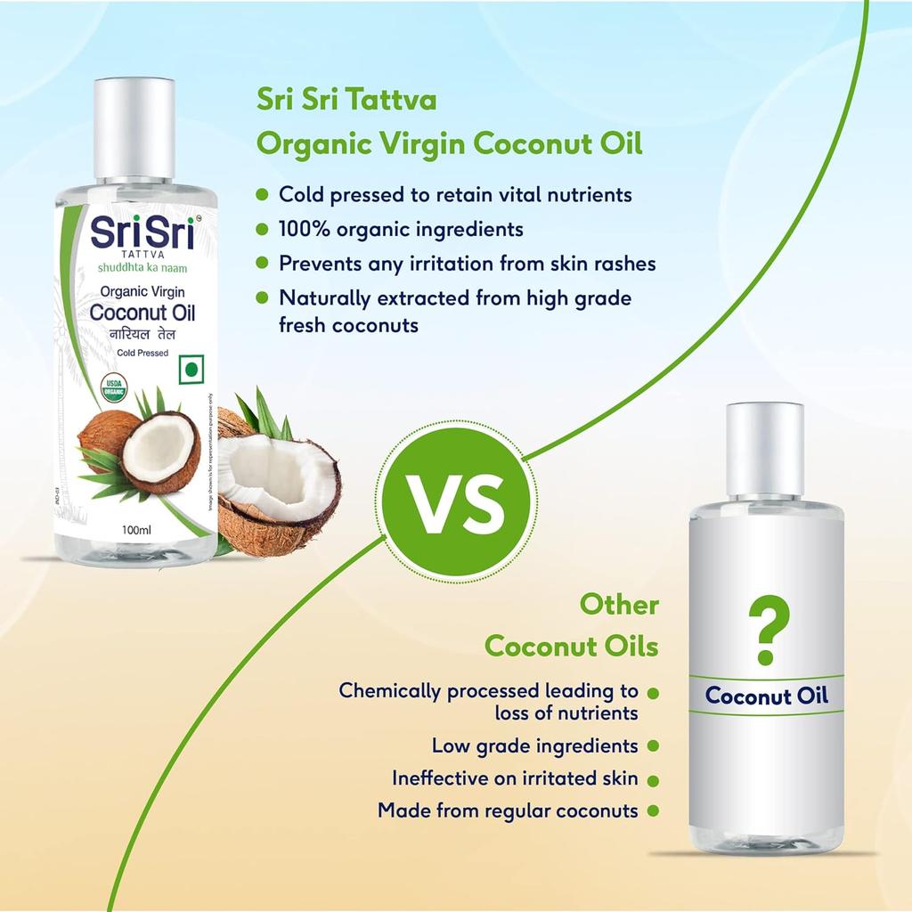 Sri Sri Tattva Organic Virgin Coconut Oil 100ml X Pack of 2 | Cold Pressed Natural Hair & Skin Oil