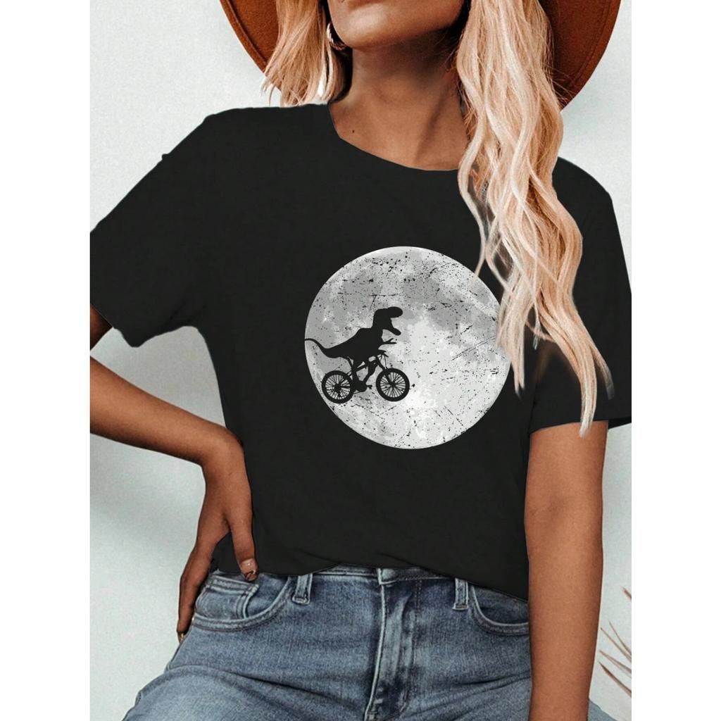 Women's Pattern Print Of Dinosaurs Riding Bicycles To The Moon Is Interesting Print T-Shirt Casual Crew Neck Top