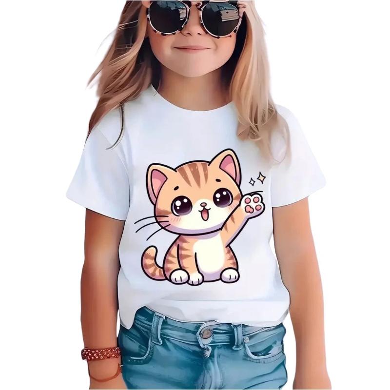 

new Cartoon Cat Girl T-Shirt Short Sleeve Top Clothes Round Neck Top Fashion Junior Girls Clothing Cute Outdoor Kids Tee 100