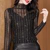 Women's Spring/Fall High-Neck Lace Long-Sleeve Striped Top - Elegant Stretch Base Layer