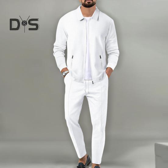 2Pcs/Set Men Autumn Suit Lapel Long Sleeve Zipper Placket Cardigan Elastic Drawstring Waist Long Pants Set Waffle Texture Casual Outfit