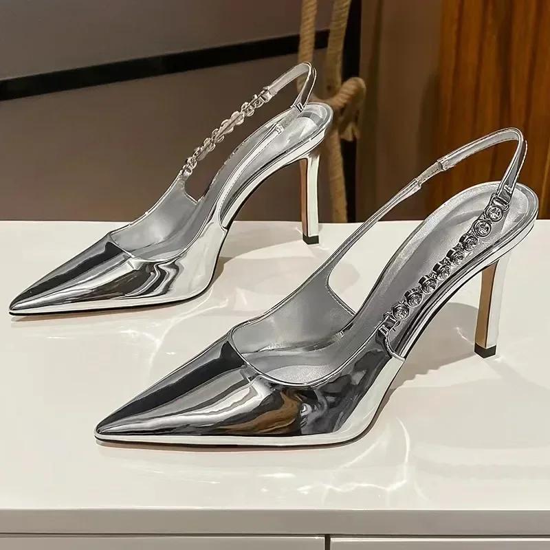 2025 High Heels Crystal Sandals Slingback Women Pumps Metallic Pointy Toe Stiletto Heeled Shoes Silver Party Dress Woman Shoes