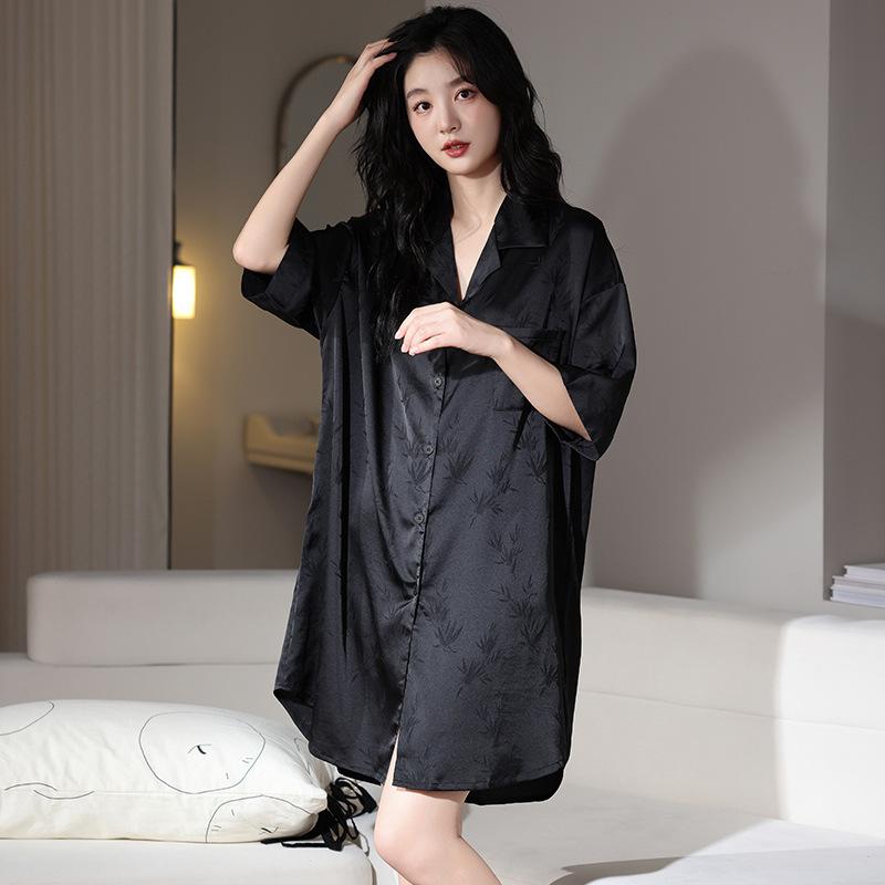 

nightgown women s summer cool ice silk short sleeves new high-end black women s simulated silk loungewear M recommended 40-50kg