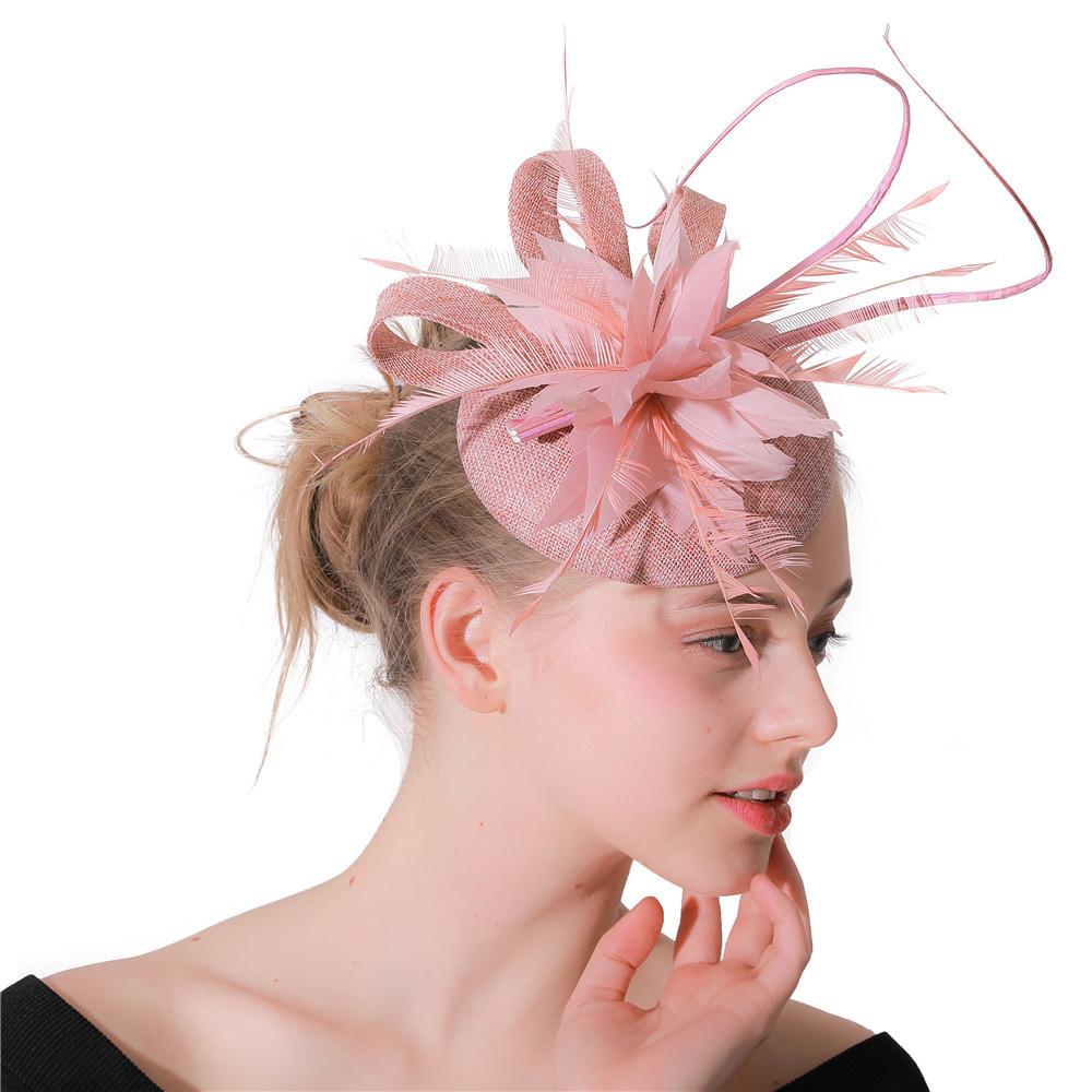 

Leather Pink Top Hat Popular Linen Yarn Banquet Mesh Top Hat Bride Feather Hairpin Europe And America