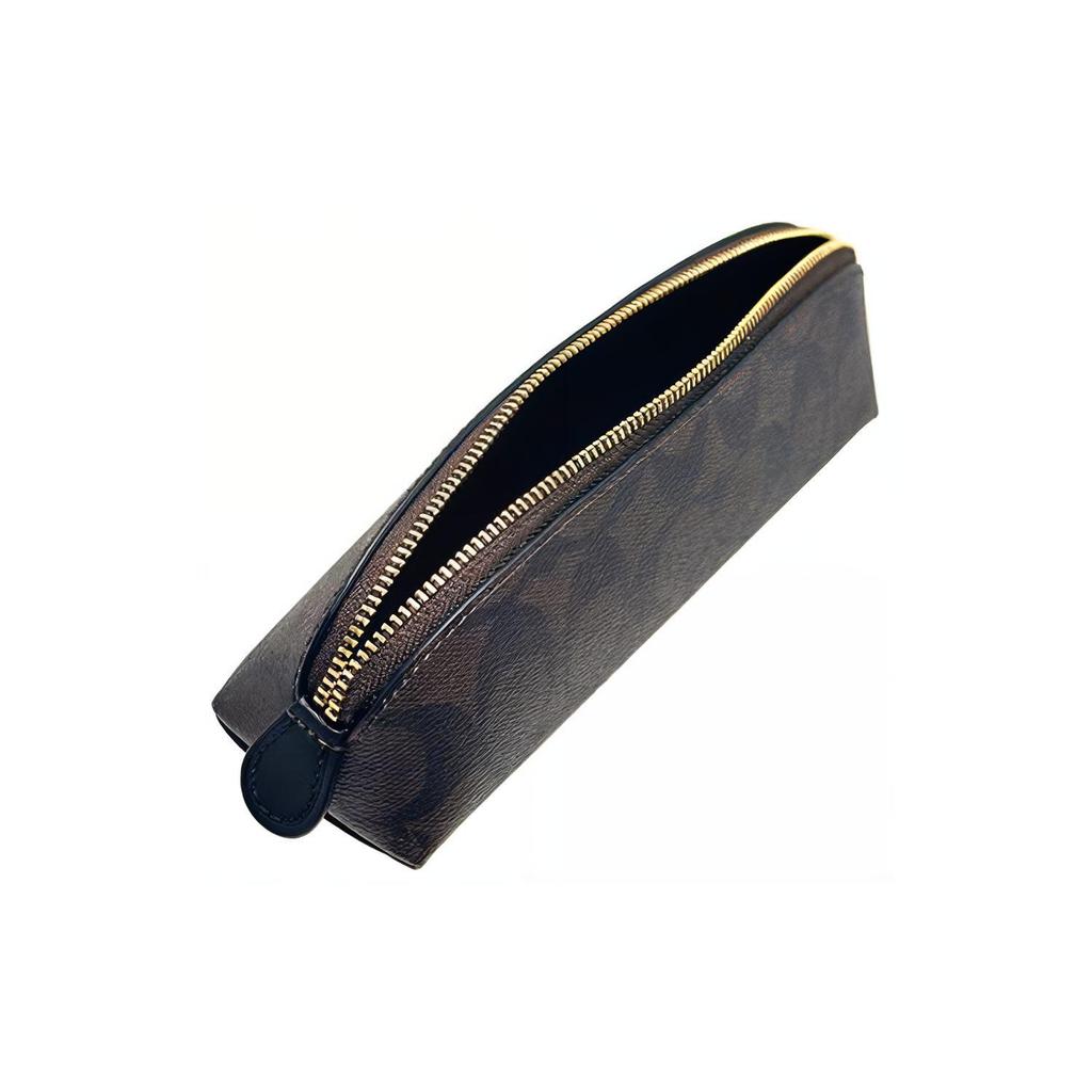 New COACH Pencil Case Iconic Coated Canvas With Smooth Leather Makeup Brush Bag Makeup Bag Small Women's Dark Brown C6333-IMAA8
