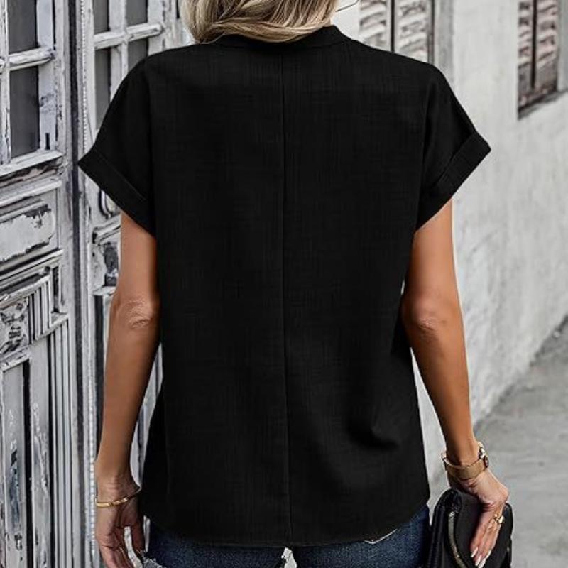 Women's Summer Simple Fashion V-neck Short-sleeved Linen Shirt Shirt
