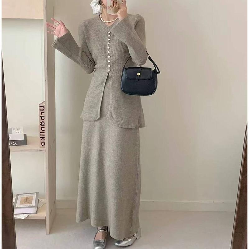 Breasted Design, Horn Sleeves, High-end Sweater, Two-piece Skirt, Autumn and Winter New High-waisted Skirt Knitted Sweater Set