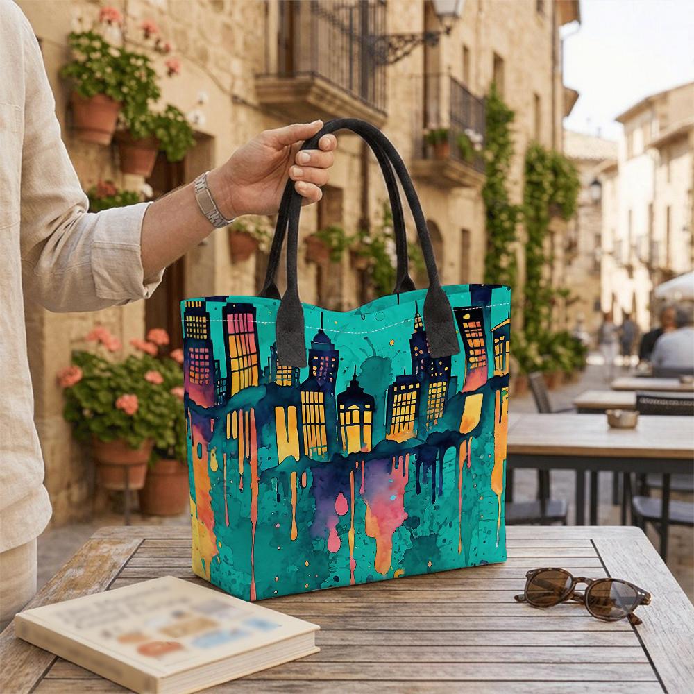 Watercolor Cityscape Tote Bag Casual Large Capacity Daily Shoulder Handbag