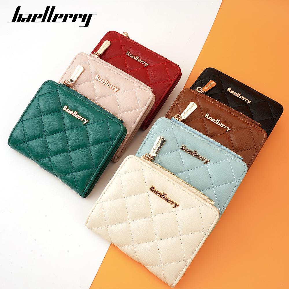 Baellerry Women's Short Pure Diamond Pattern Wallet Zipper Coin Purse Multi-card Slots Billfold Fashion Pu Leather Card Holder