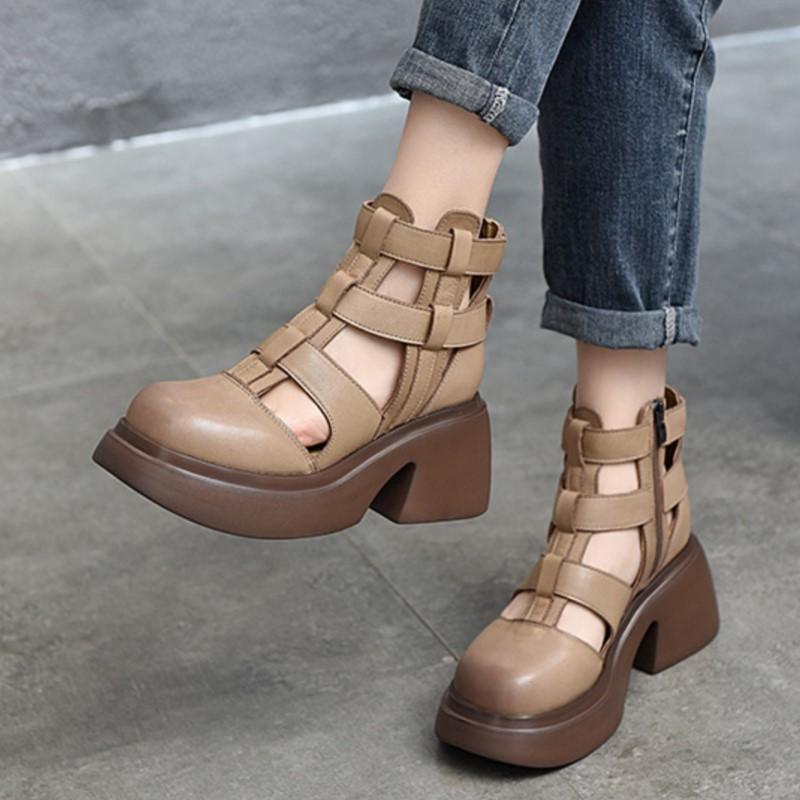 Johnature Retro pravá kůže Silná podrážka s kulatou špičkou Dámské Sandály Vyhloubené Silné vysoké podpatky Římské boty