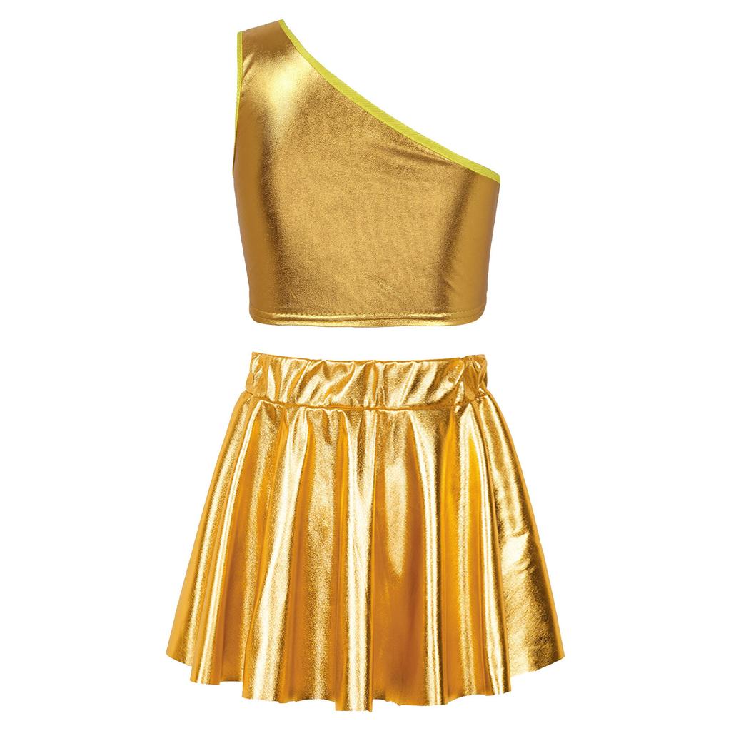 Jenter Metallisk En Skulder Ermeløs Crop Topp Elastisk Midjebånd Skjørt Danseforestillingskostyme Sceneshow Resitalantrekk Glitrende Bekledning for Barn