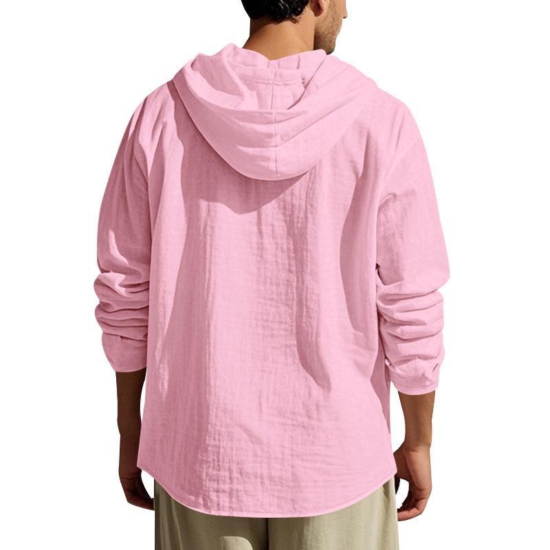 Gant Embroidery Men's Solid Color Casual Long Sleeved Shirt Hooded Drawstring Cotton and Linen Cardigan Trendy Versatile Loose Beach T-shirt