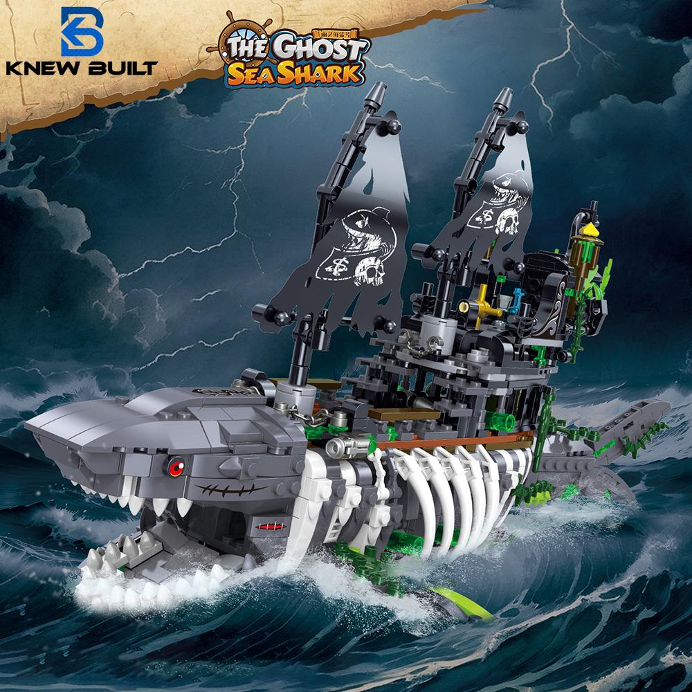 Ghost Sea Shark Pirate Ship Building Blocks Toys - Integrated Skeleton Shark and Pirate Ghost Ship LED - Lit for Thrilling