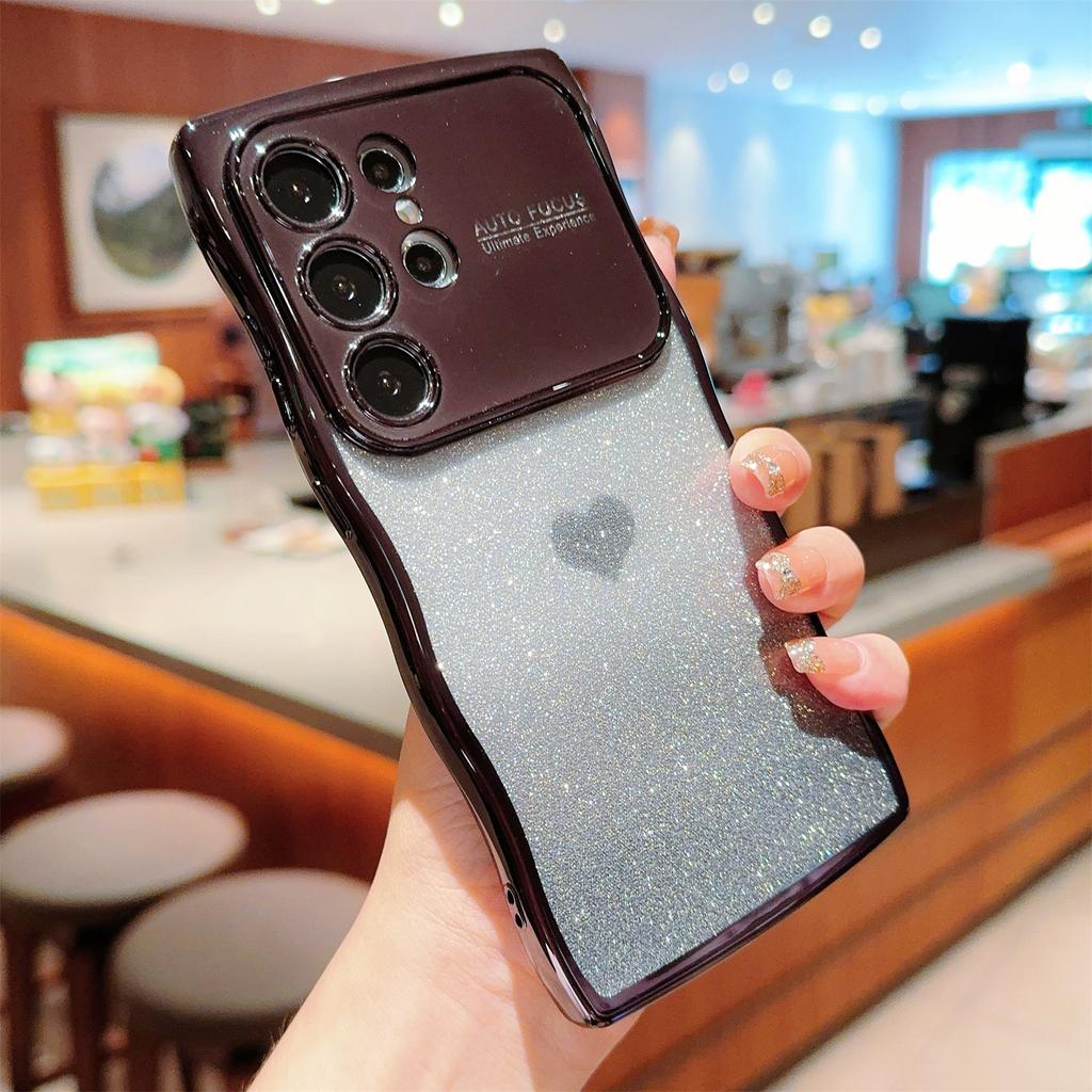 For Samsung Galaxy S24 Ultra Case Love Heart Gradient Glitter TPU Phone Cover Electroplating Curly Frame