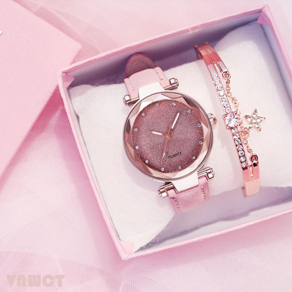 Watch Silver Pink Rhinestone Face Women's Watch Frosted Leather Strap Women's Casual Trend Two-piece Set Watch